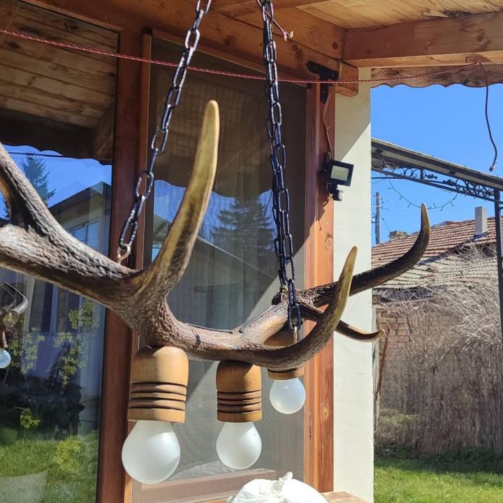 Ръчно изработен полилей от рога на елен с 3 ръчно изработени дървени чашки!